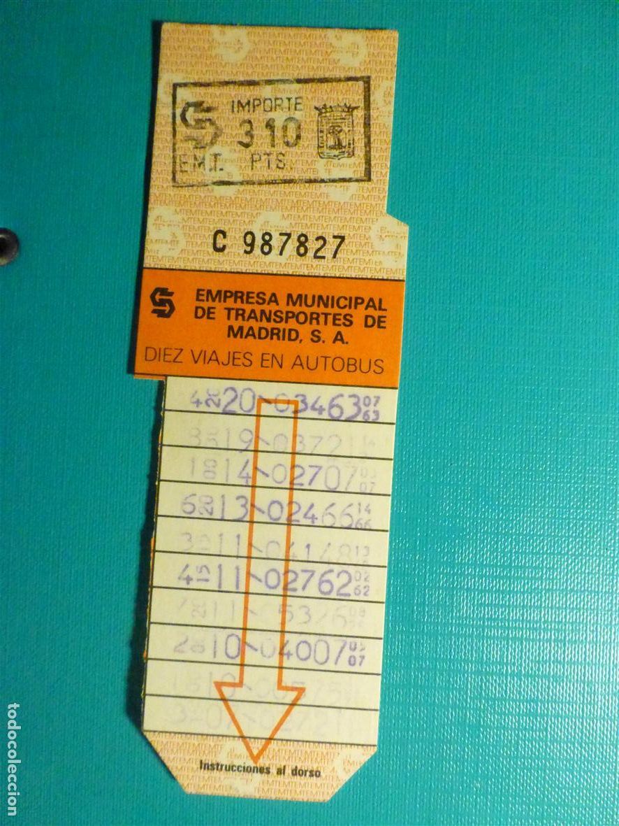Collezionismo Biglietti di trasporto: Billete transporte - BonoBus - Bono Bus EMT/ E.M.T - Madrid - Naranja 310 Pts.- A&ntilde;os 80&acute;s -