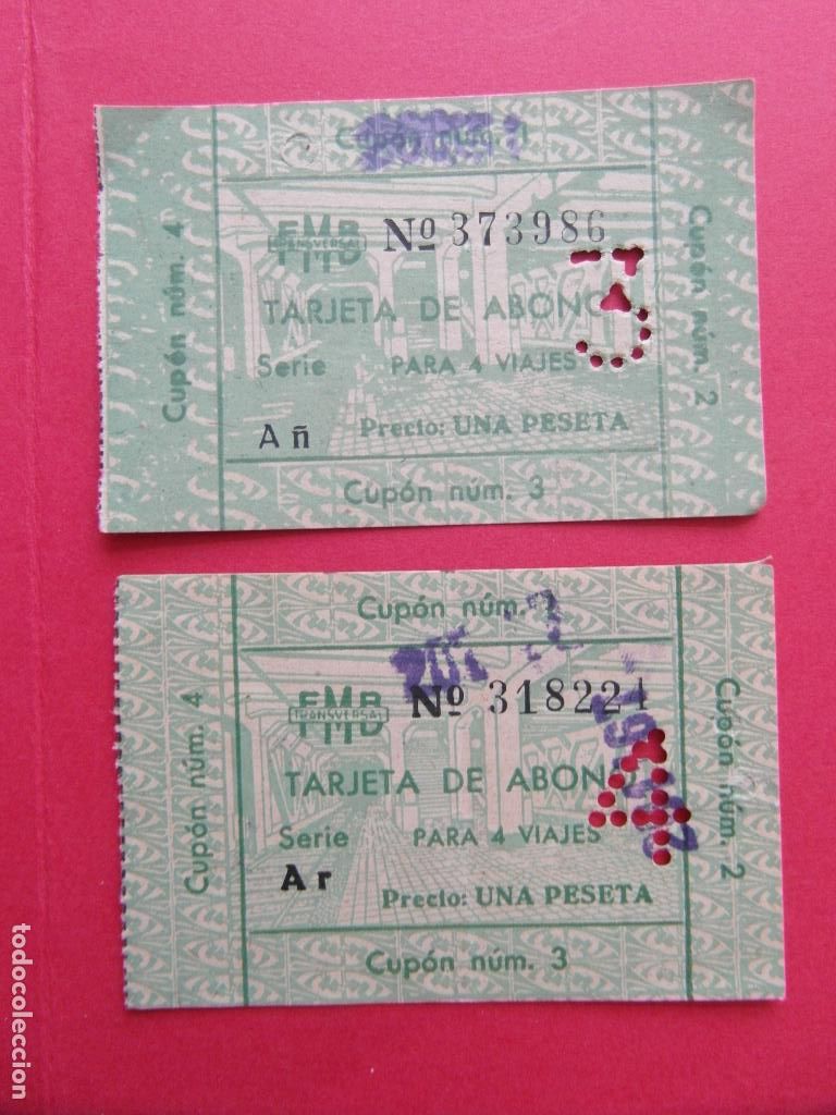 Sammeln von Fahrkarten: 2 TARJETAS ABONO METRO DE BARCELONA VALE CUPON 4 VIAJES UNA PESETA (3 Y 4 PERFORADO)