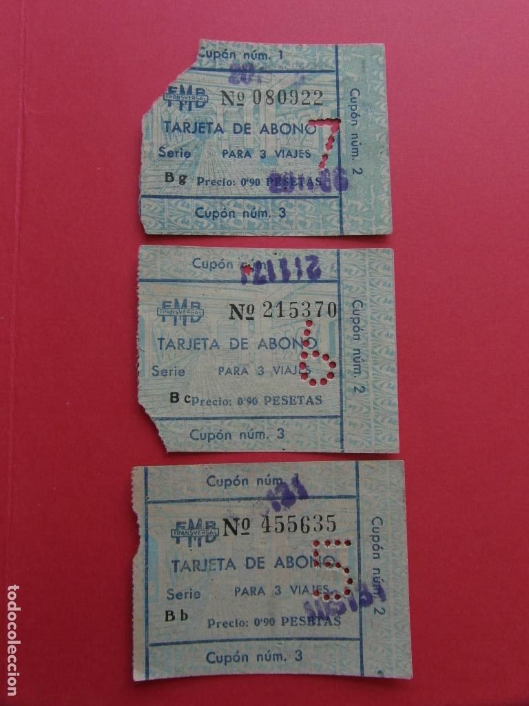 Colecionismos Bilhetes de Transporte: 3 TARJETA ABONO METRO DE BARCELONA VALE CUPON 3 VIAJES 0.90 PESETAS (5 ,6 , 7 PERFORADO)