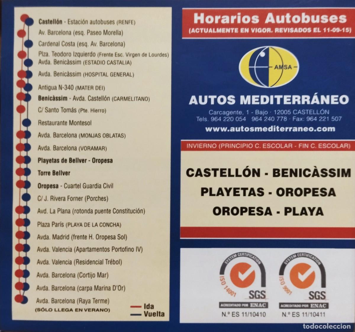 Colecionismos Bilhetes de Transporte: FOLLETO HORARIOS AUTOBUSES AUTOS MEDITERR&Aacute;NEO AMSA - CASTELL&Oacute;N BENIC&Agrave;SSIM OROPESA - 2015. 15 x 14 CM