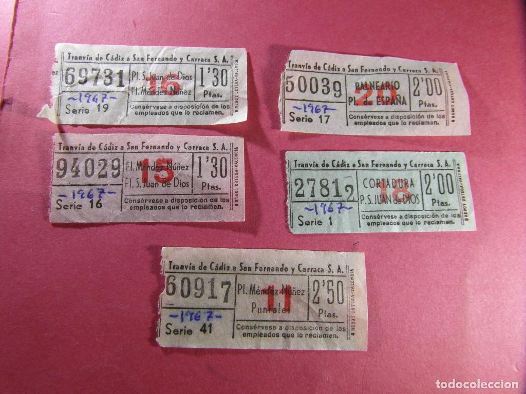 Coleccionismo billetes de transporte: TRANVIA DE CADIZ A SAN FERNANDO Y CARRACA - LOTE 5 BILLETES DIFERENTES