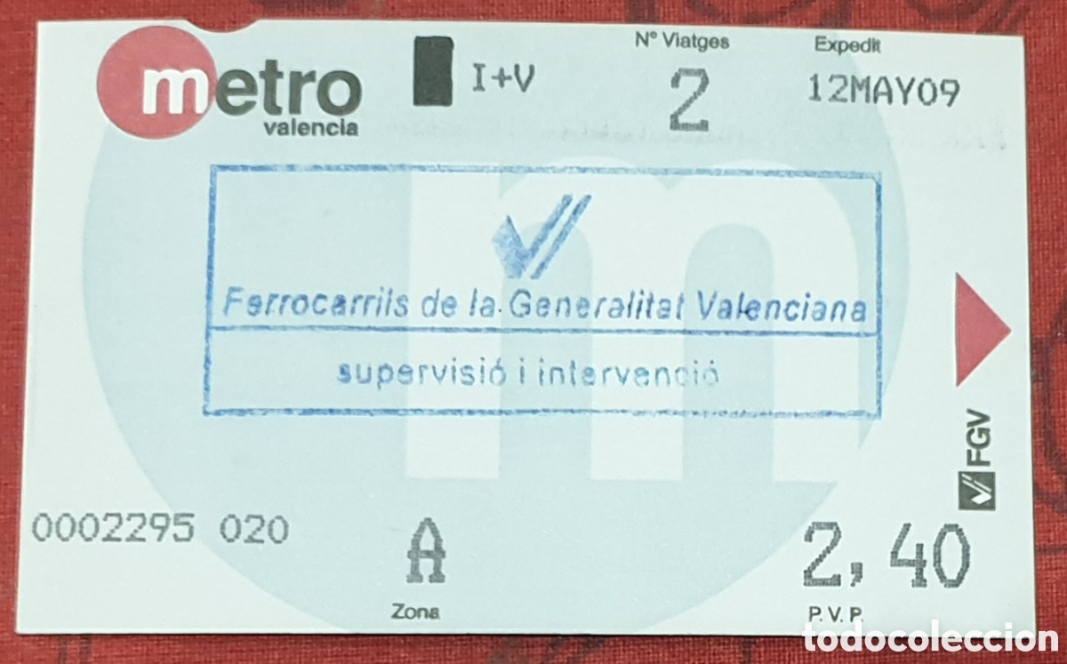 Coleccionismo billetes de transporte: Metro de Valencia. Billete de ida y vuelta a&ntilde;o 2009, con cu&ntilde;o.