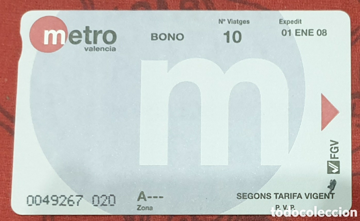 Coleccionismo billetes de transporte: Metro de Valencia. Bono de 10 viajes a&ntilde;o 2008