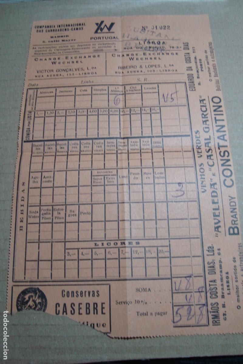 Coleccionismo billetes de transporte: COMPANHIA INTERNACIONAL CARRUAGENS CAMAS PORTUGAL 1944. EDUARDO DA COSTA DIAS. AVELEDA. CASEBRE