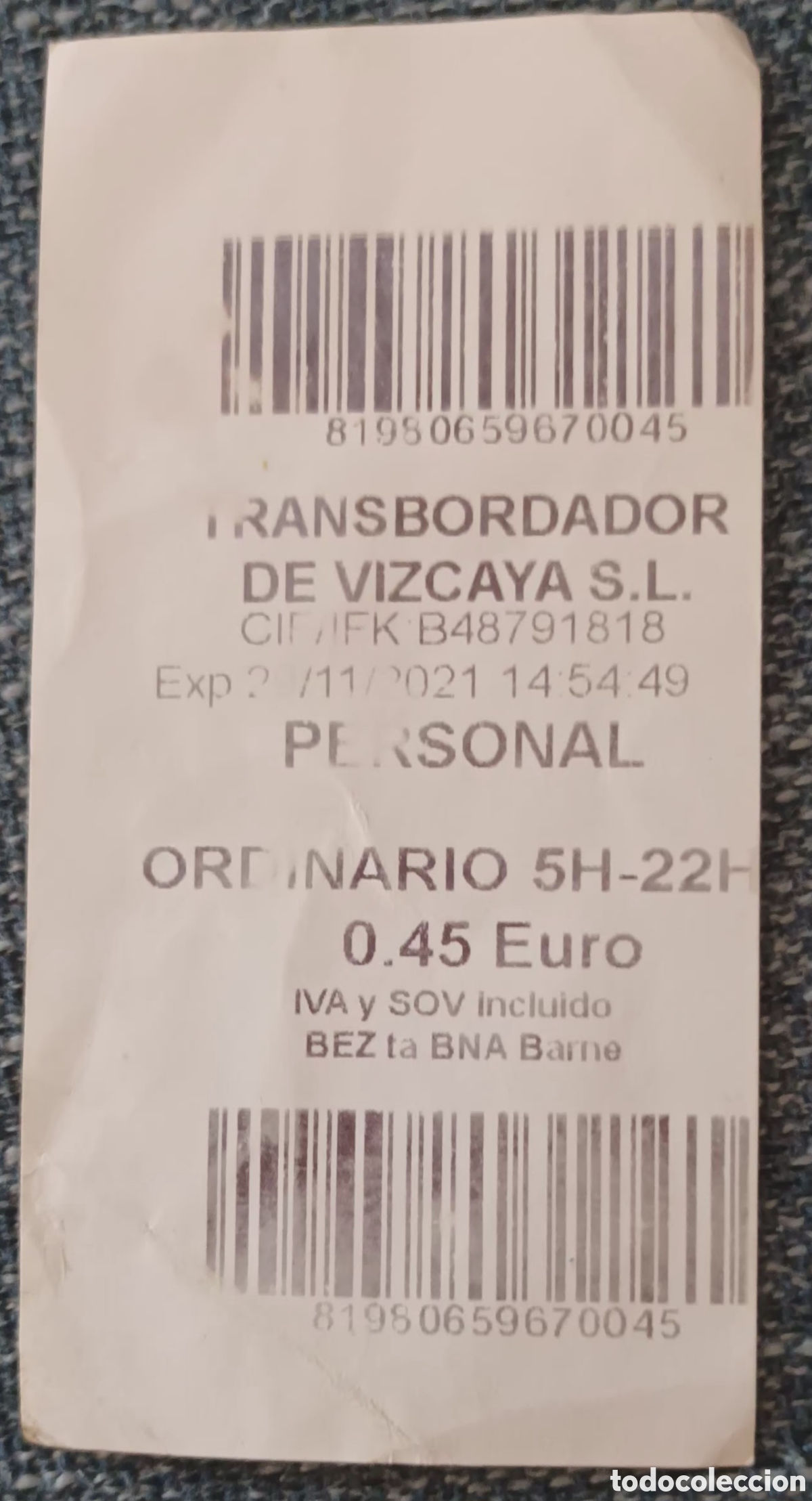Coleccionismo billetes de transporte: BILLETE TRANSBORDADOR DE VIZCAYA