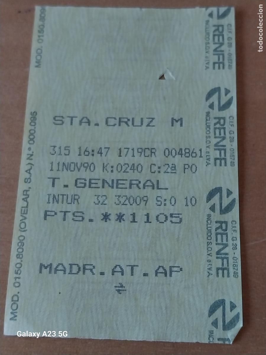 Coleccionismo billetes de transporte: RENFE BILLETE SANTA CRUZ DE MUDELA A MADRID ATOCHA T GENERAL A&Ntilde;O 11 NOV 1990 8.7X5.5CMS