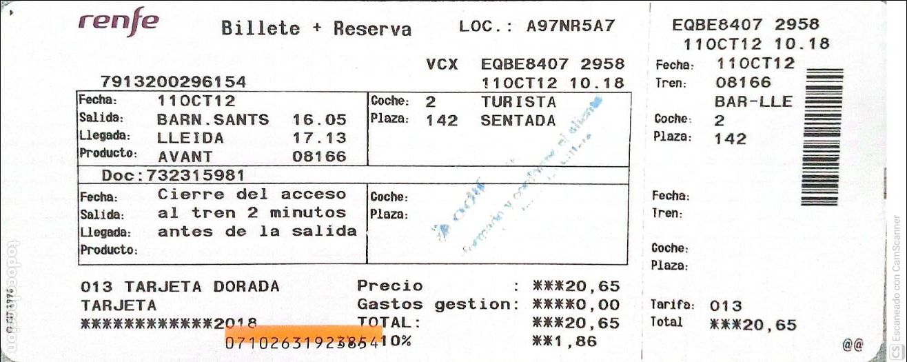 Coleccionismo billetes de transporte: Billete Renfe. Barn.Sants-Lleida con Avant, del a&ntilde;o 2012. Ver foto.