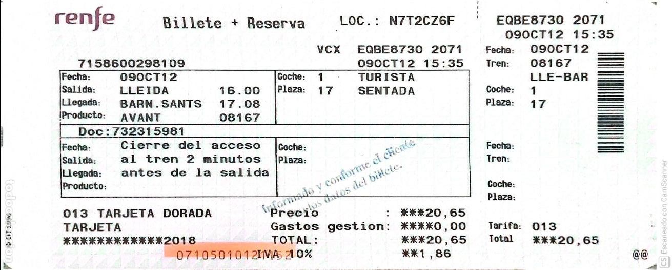 Coleccionismo billetes de transporte: Billete Renfe. Lleida-Barn.Sants con Avant, del a&ntilde;o 2012. Ver foto.