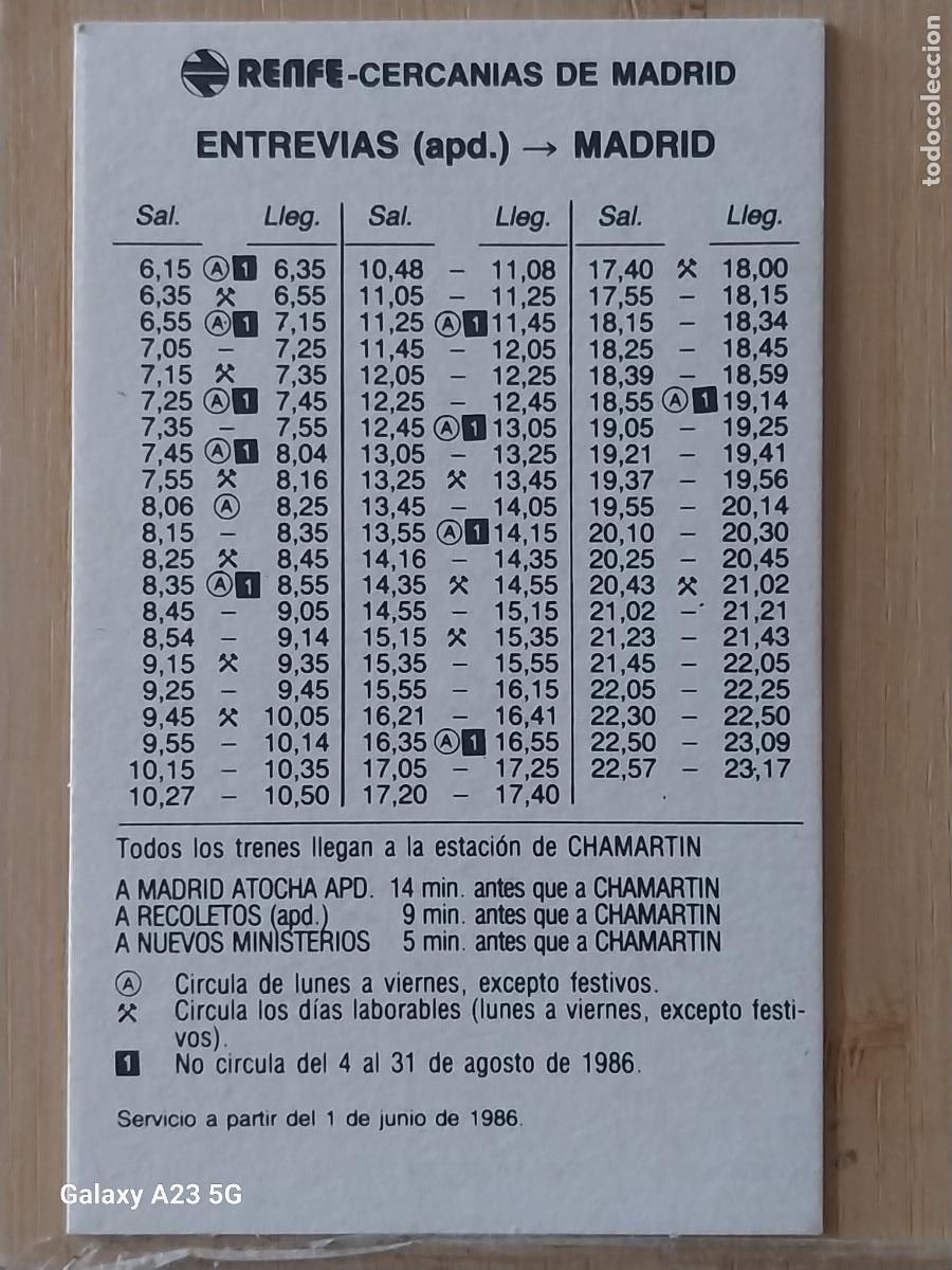 Coleccionismo billetes de transporte: RENFE CERCANIAS ENTREVIAS MADRID HORARIOS A&Ntilde;O 1986 TARJETA TRENES 9.5X6CMS