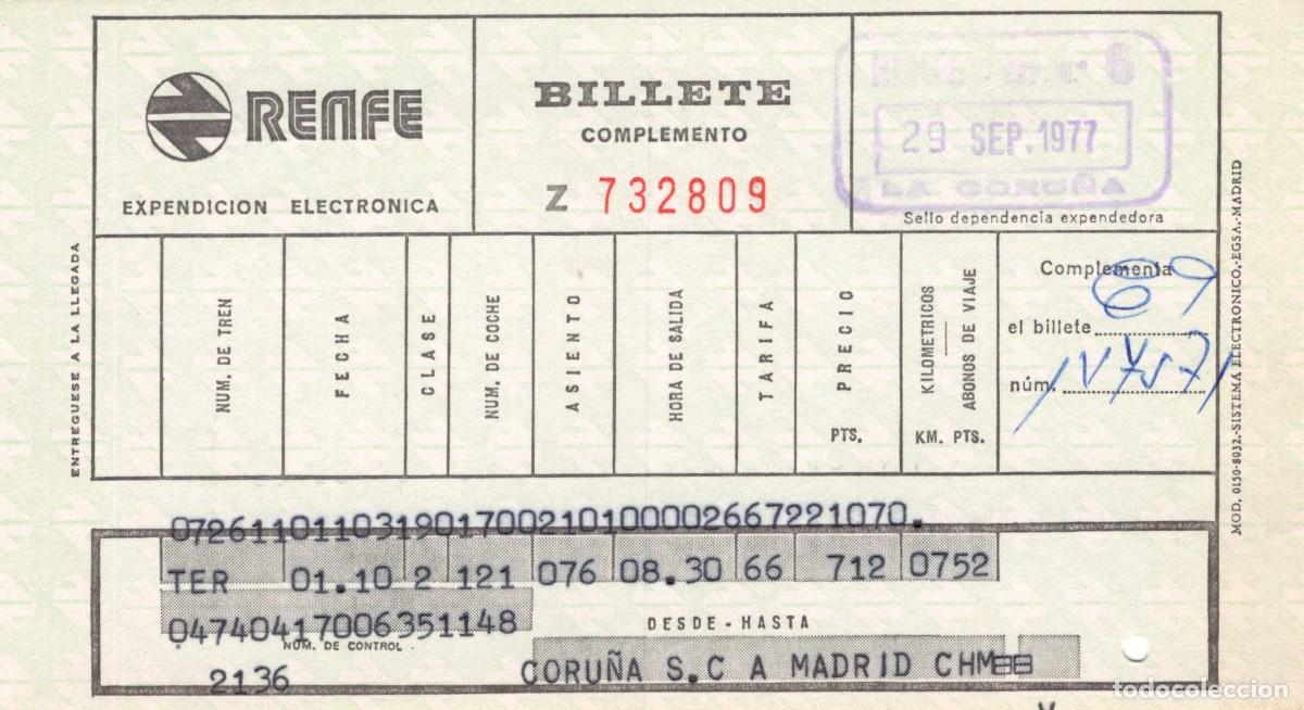 Coleccionismo billetes de transporte: Antiguo billete Renfe, 29 de septiembre 1977. Coru&ntilde;a-Madrid Chamartin.