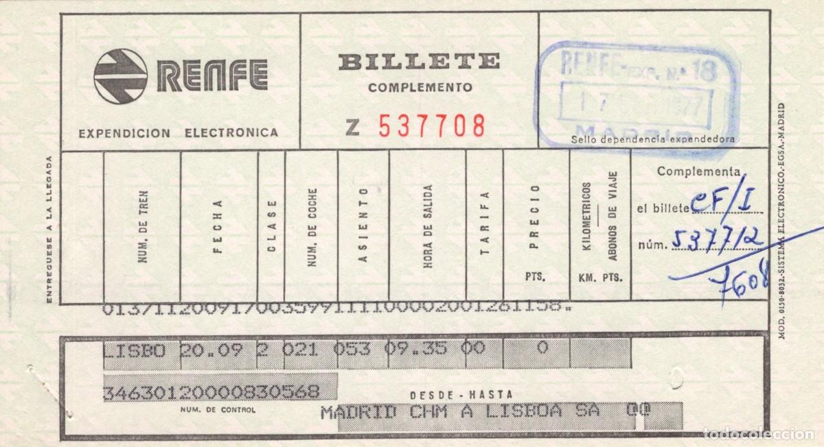 Coleccionismo billetes de transporte: Antiguo billete Renfe, 17 de septiembre 1977. Madrid Chamartin-Lisboa.