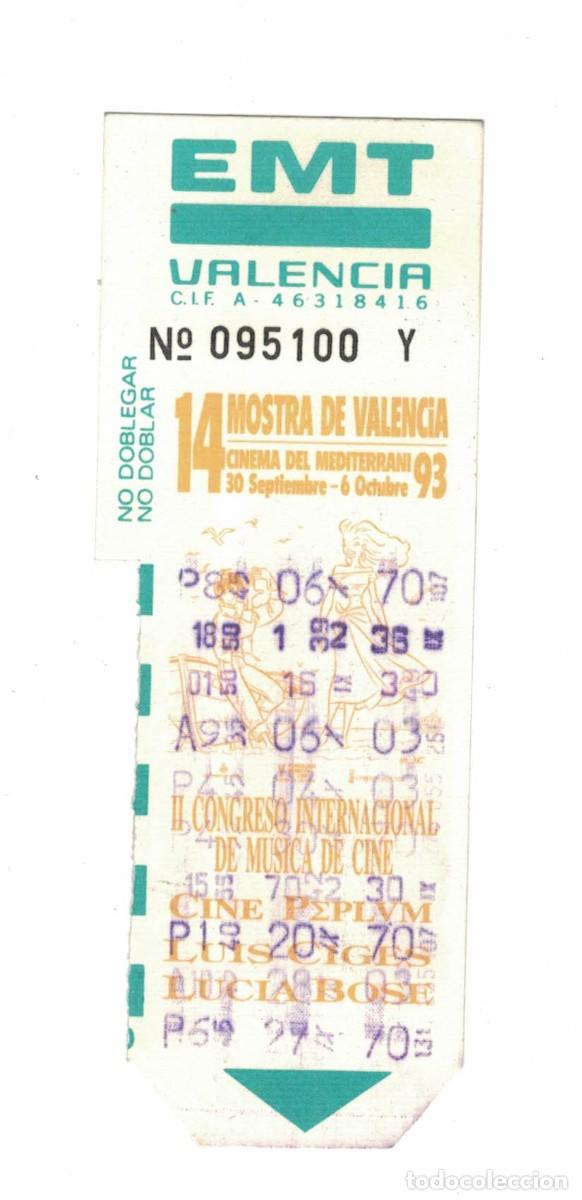 Coleccionismo billetes de transporte: Bonob&uacute;s EMT Valencia con publicidad 14 Mostra de Valencia 1993 &ndash; Billete transporte usado