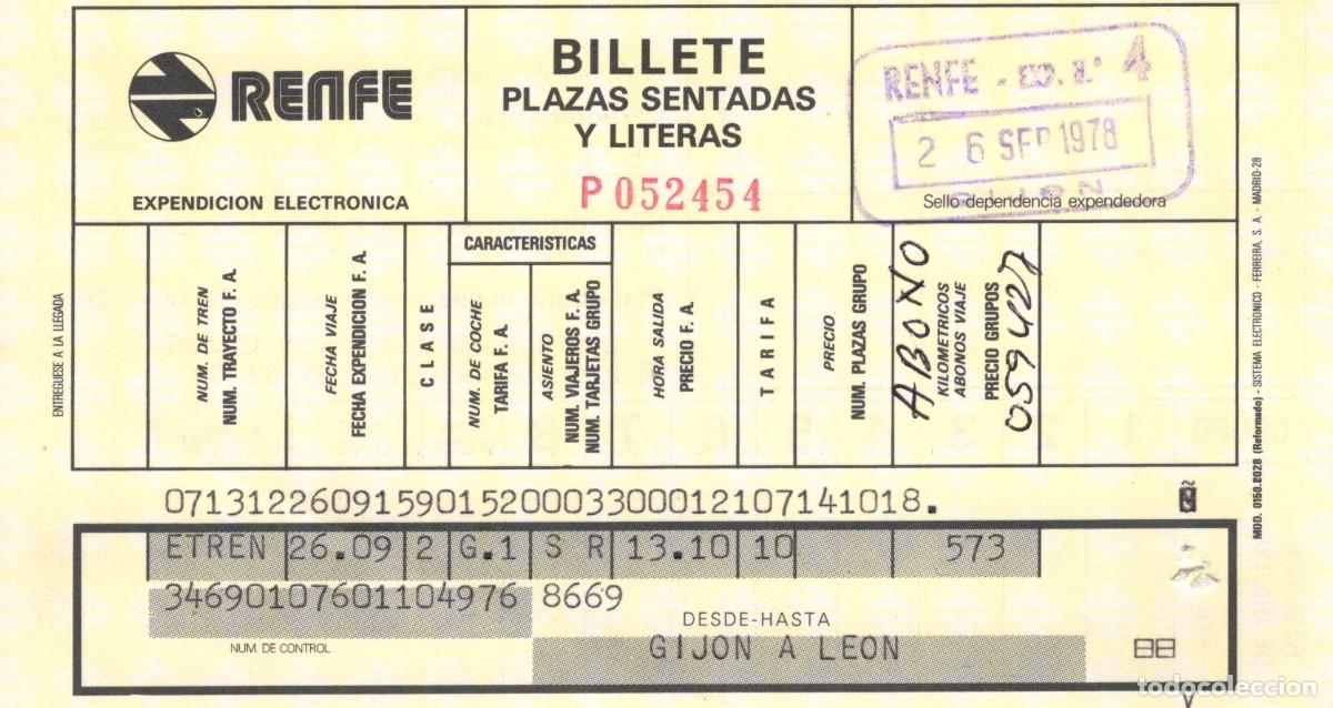 Coleccionismo billetes de transporte: Antiguo billete Renfe 6 de septiembre de 1978. Gijon-Leon.