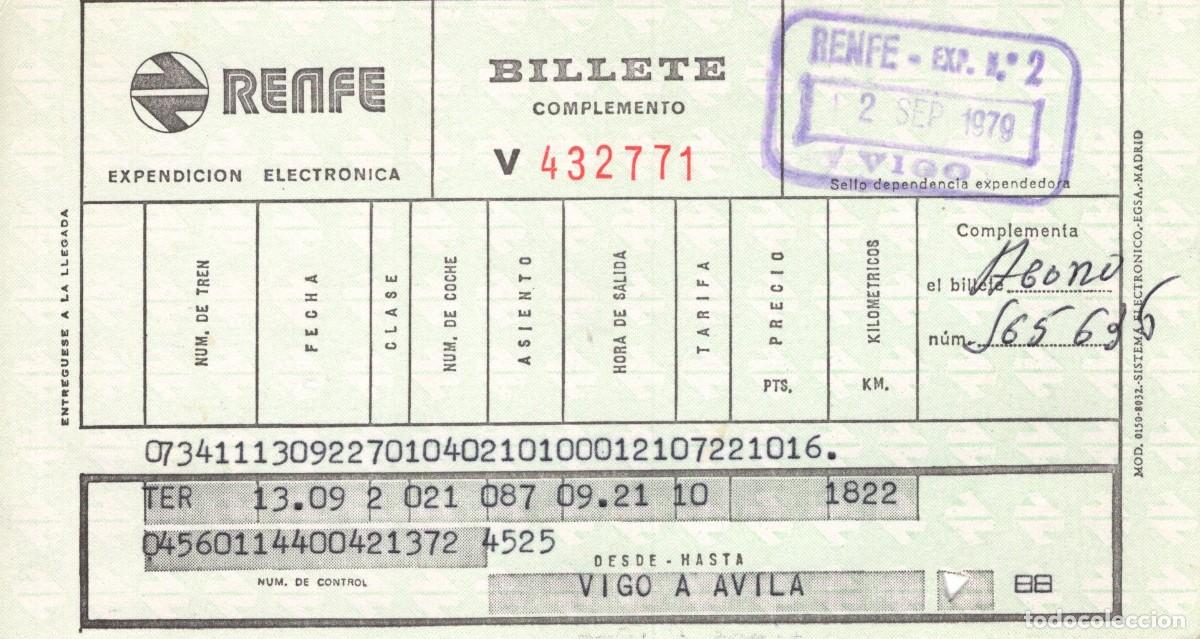 Coleccionismo billetes de transporte: Antiguo billete Renfe 2 de septiembre de 1979. Vigo-&Aacute;vila.