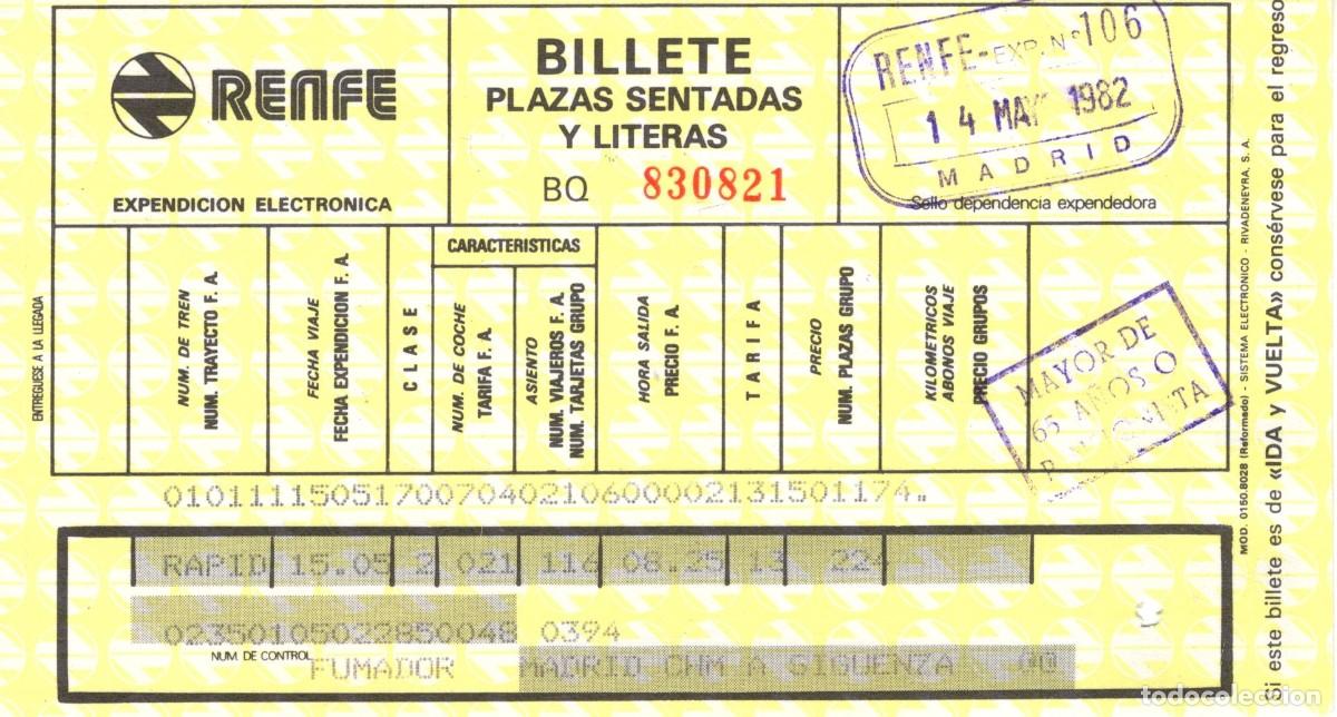 Coleccionismo billetes de transporte: Antiguo billete Renfe 14 de mayo de 1982. Madrid Chamartin-Sig&uuml;enza.