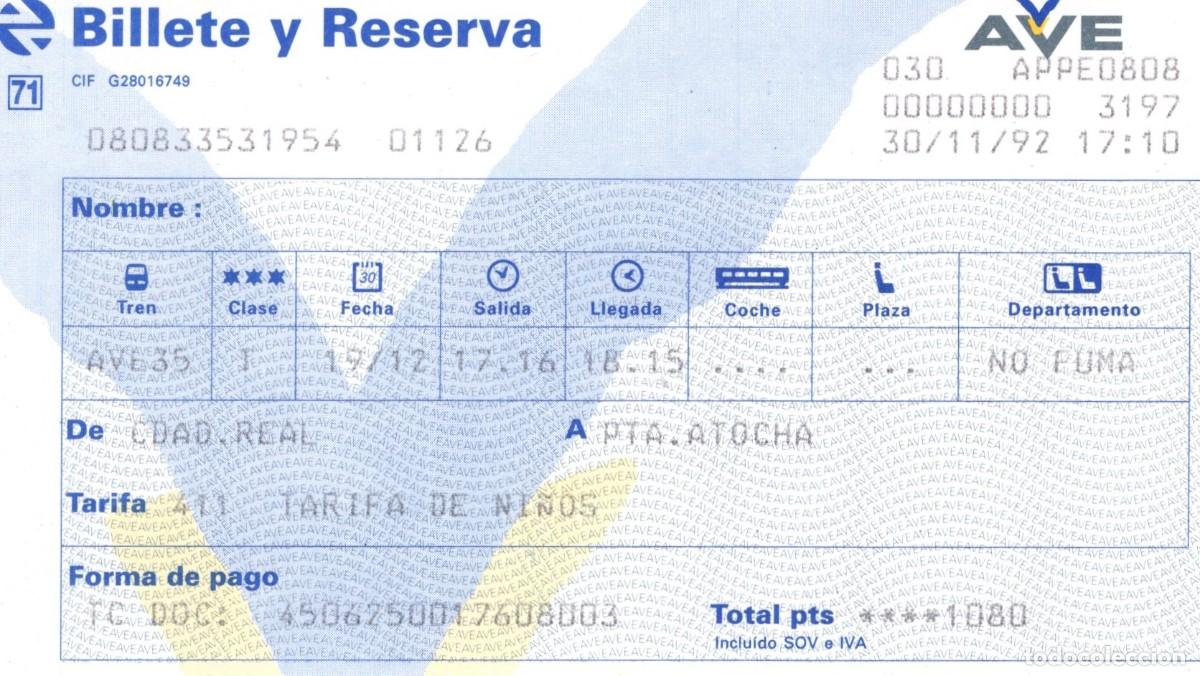 Coleccionismo billetes de transporte: Antiguo billete Renfe tarifa ni&ntilde;os. 30 de noviembre de 1992. Ciudad Real-Madrid Atocha.