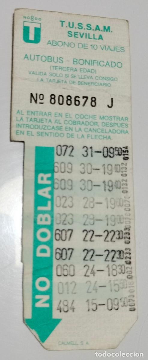 Coleccionismo billetes de transporte: Bonob&uacute;s TUSSAM Sevilla 10 viajes bonificado tercera edad &ndash; Verde, formato alargado
