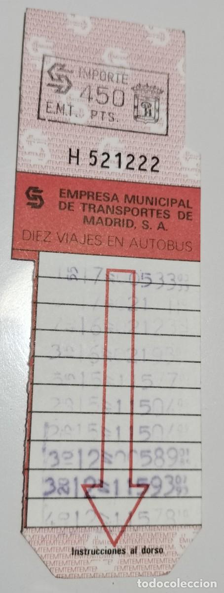Coleccionismo billetes de transporte: Bonob&uacute;s EMT Madrid 450 pesetas &ndash; 10 viajes &ndash; &laquo;Bono bueno, el bono bus&raquo; &ndash; Tarifa 1991