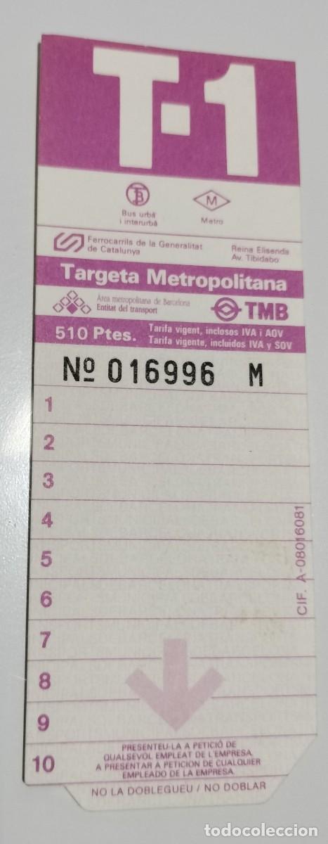 Coleccionismo billetes de transporte: T-1 Barcelona 510 pesetas SIN USAR &ndash; Tarjeta Metropolitana TMB &ndash; 10 viajes sin cancelar