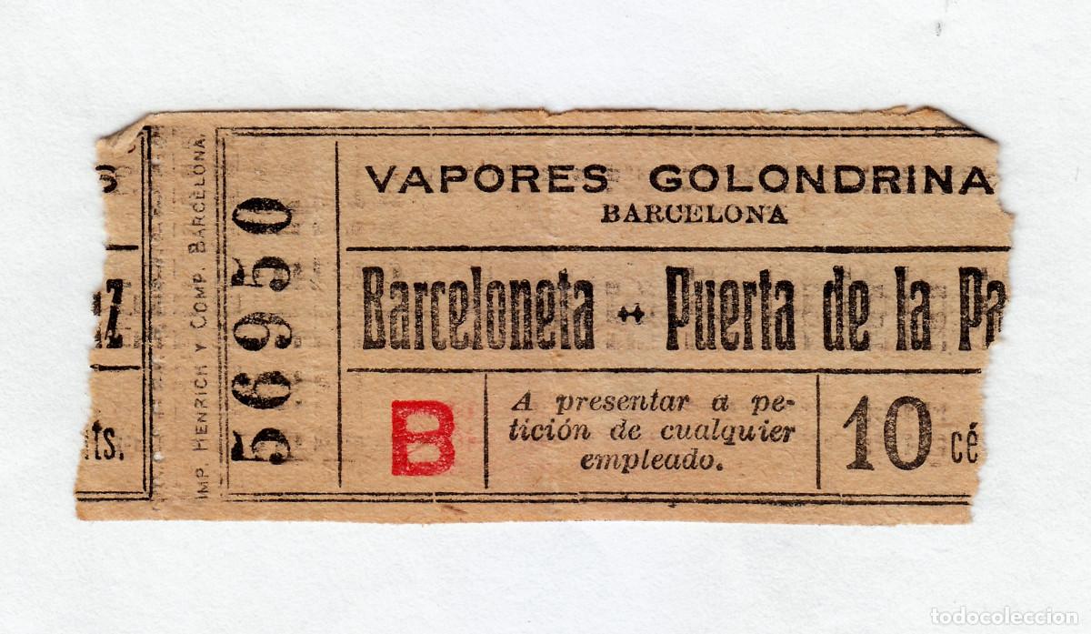 Coleccionismo billetes de transporte: Barceloneta-Puerta de la Paz. Billete Vapores Golondrina de Barcelona. rp