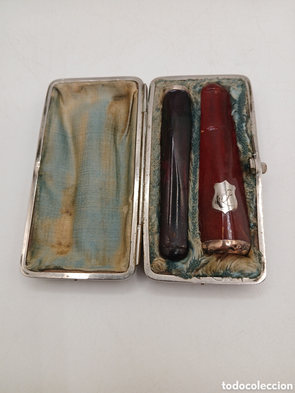 Boquillas de colecci&oacute;n: Antiguas boquillas &aacute;mbar y plata. Estuche madera forrado seda