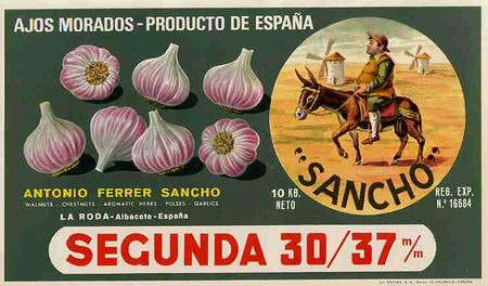 Poster collecting: CARTEL ITO ETIQUETA AJOS SANCHO TEMA QUIJOTE SEGUNDA ANTONIO FERRER LA RODA ALBACETE ORIGINAL K7
