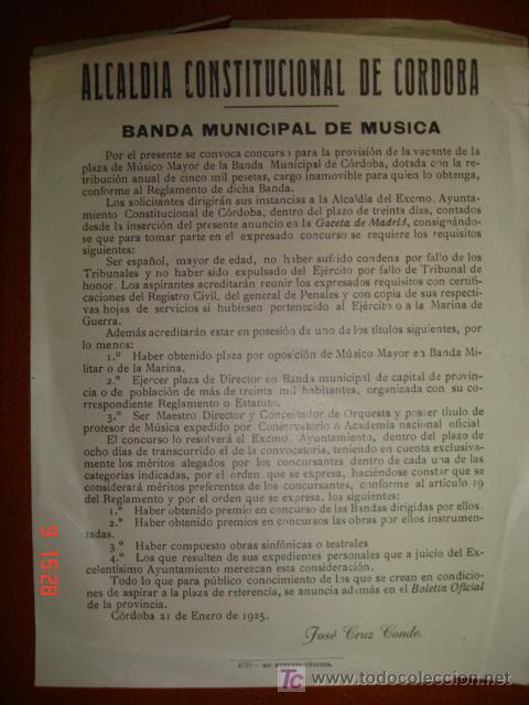 Sammeln von Plakaten: CORDOBA,VACANTES BANDA MUNICIPAL 1925