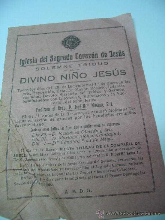 Coleccionismo de carteles: Hoja Triduo Divino Ni&ntilde;o Jesus igresia Corazon de Jesus Granada c. 1940.