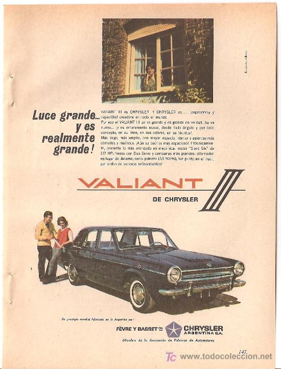 Coleccionismo de carteles: ANUNCIO DE &Eacute;POCA Chrysler Valiant Octubre 1964 13 X 18,5 cms cms. - CLC