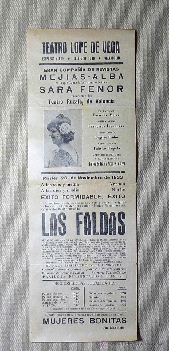 Coleccionismo de carteles: PROGRAMA DE TEATRO, LOPE DE VEGA, SARA FENOR, LAS FALDAS, RUZAFA, VALENCIA, 1933