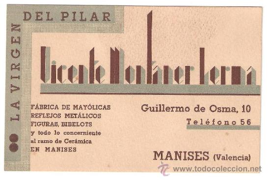 Coleccionismo de carteles: tarjeta publicitaria la virgen del pilar - manises - valencia