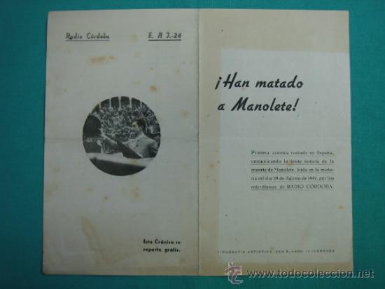Coleccionismo de carteles: c  Cartelito cronica radiada de la muerte de  Manolete. Radio Cordoba 1947. 25x21&acute;5 cm