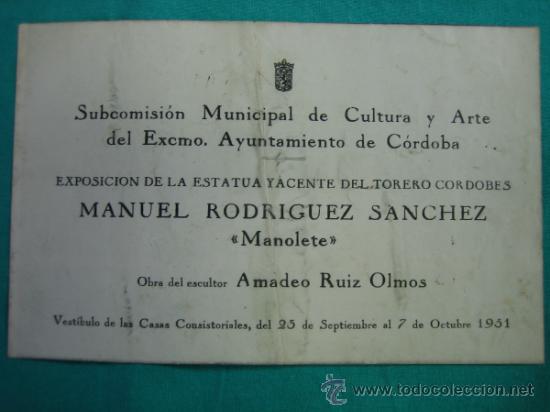 Coleccionismo de carteles: c  Cartelito Exposicion de la estatua yacente del torero cordobes Manolete 1951. 34x11 cm