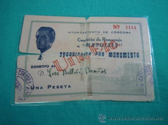 Coleccionismo de carteles: c Suscripcion pro monumento a Manolete  1 pts. 15&acute;5x10&acute;5 cm