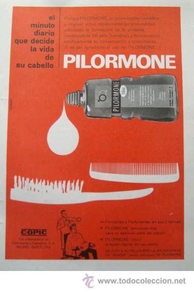 Poster collecting: Anuncio publicitario ** LOCION CAPILAR PILORMONE ** - A&Ntilde;O 1964. MEDIDAS APROX 12,5 x 17,5 CMS.