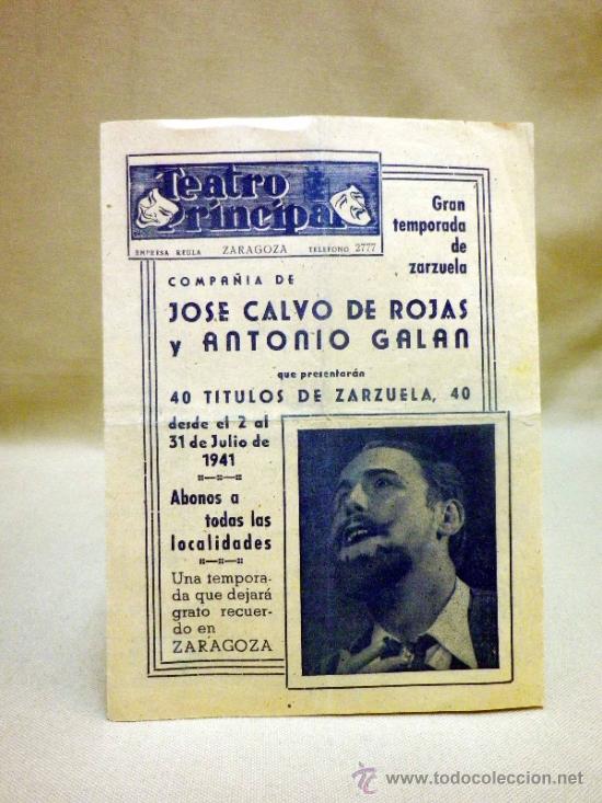 Coleccionismo de carteles: PROGRAMA DE TEATRO PRINCIPAL, FOLLETO DE MANO,  ZARAGOZA. ZARZUELA, CALVO DE ROJAS Y ANTONIO GALA