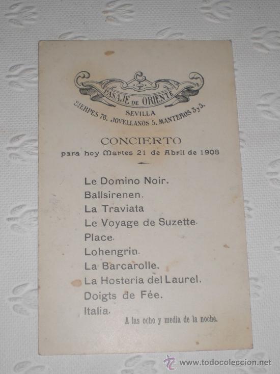 Poster collecting: Publicidad del Pasaje de Oriente de Sevilla. Itinerario de concierto. 1908. Richard Wagner.
