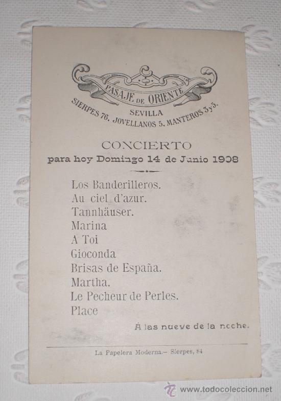 Poster collecting: Publicidad del Pasaje de Oriente de Sevilla. Itinerario de concierto. 1908. Charles Fran&ccedil;ois Gounod.