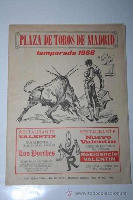 Coleccionismo de carteles: PROGRAMA DE TOROS MADRID 1966 - Foto 1