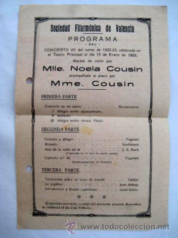 Coleccionismo de carteles: RECITAL de viol&iacute;n por Mlle. NOELA COUSIN, piano Mme. COUSIN. 1923 SOCIEDAD FILARM&Oacute;NICA DE VALENCIA