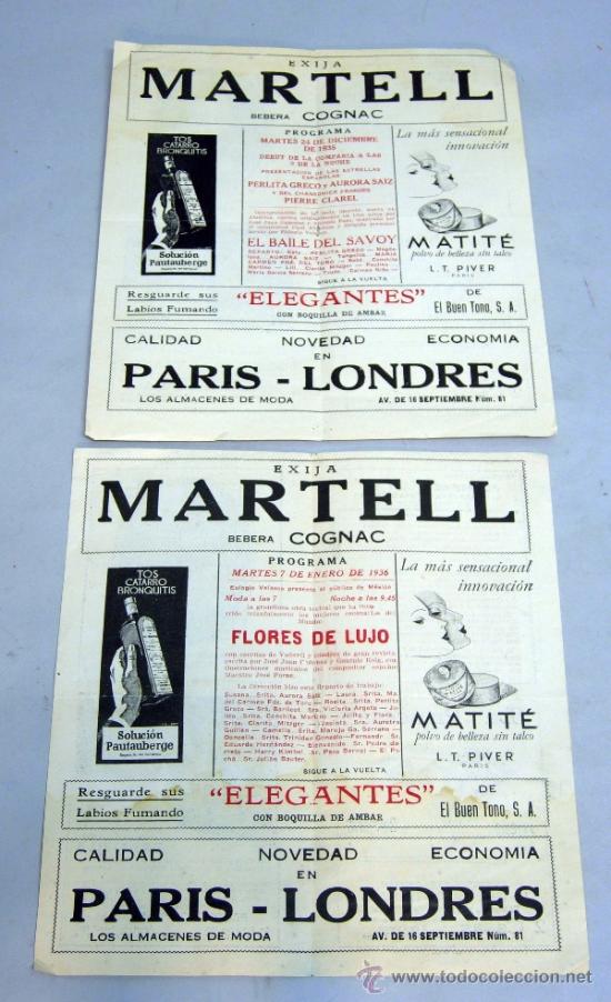 Coleccionismo de carteles: 2 programas teatro M&ordf; Carmen de Toro El baile del Savoy Flores lujo publicidad Martell cognac 1936