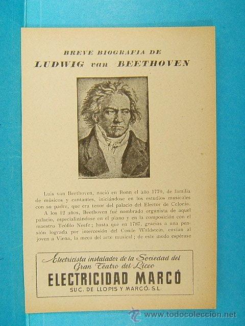 Coleccionismo de carteles: ELECTRICIDAD MARCO-SOCIEDAD DEL GRAN TEATRO DEL LICEO-LLOPIS Y MARCO-LUDWIG VAN BEETHOVEN-18X12 CM-7