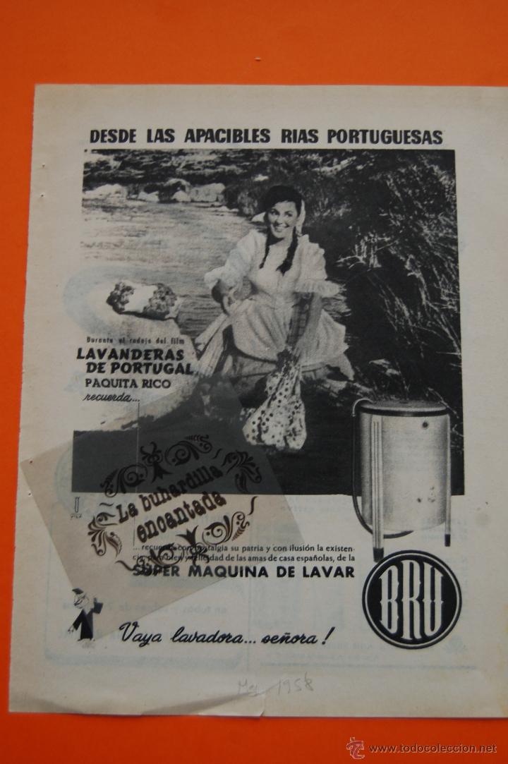 Coleccionismo de carteles: PUBLICIDAD ORIGINAL - ELECTRODOMESTICOS BRU - 1959 - PAQUITA RICO SUPER MAQUINA DE LAVAR