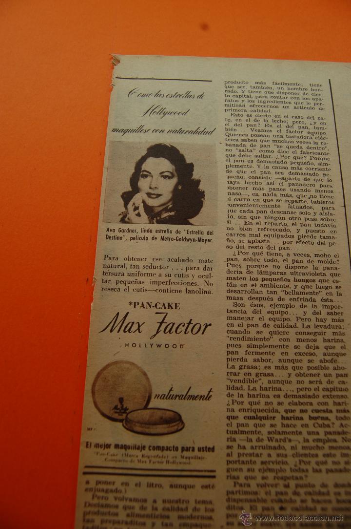 Coleccionismo de carteles: PUBLICIDAD REVISTA 1952 - MAX FACTOR HOLLYWOOD AVA GARDNER Y PAN CAKE - ANUNCIO DE CUBA