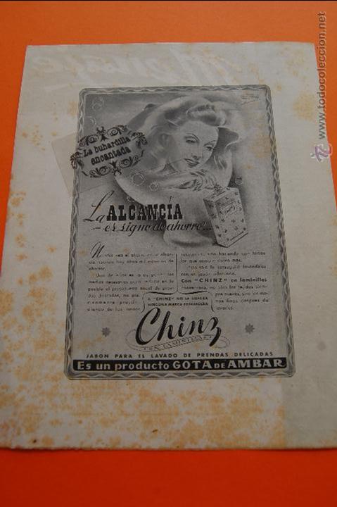 Coleccionismo de carteles: PUBLICIDAD ORIGINAL - A&Ntilde;O 1947 - JABON PARA PRENDAS DELICADAS CHINZ GOTA DE AMBAR