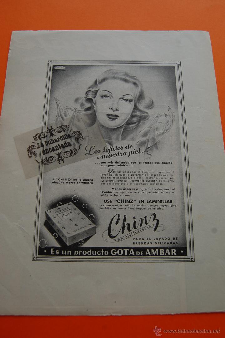 Coleccionismo de carteles: PUBLICIDAD ORIGINAL - A&Ntilde;O 1948 - JABON PARA PRENDAS DELICADAS CHINZ GOTA DE AMBAR