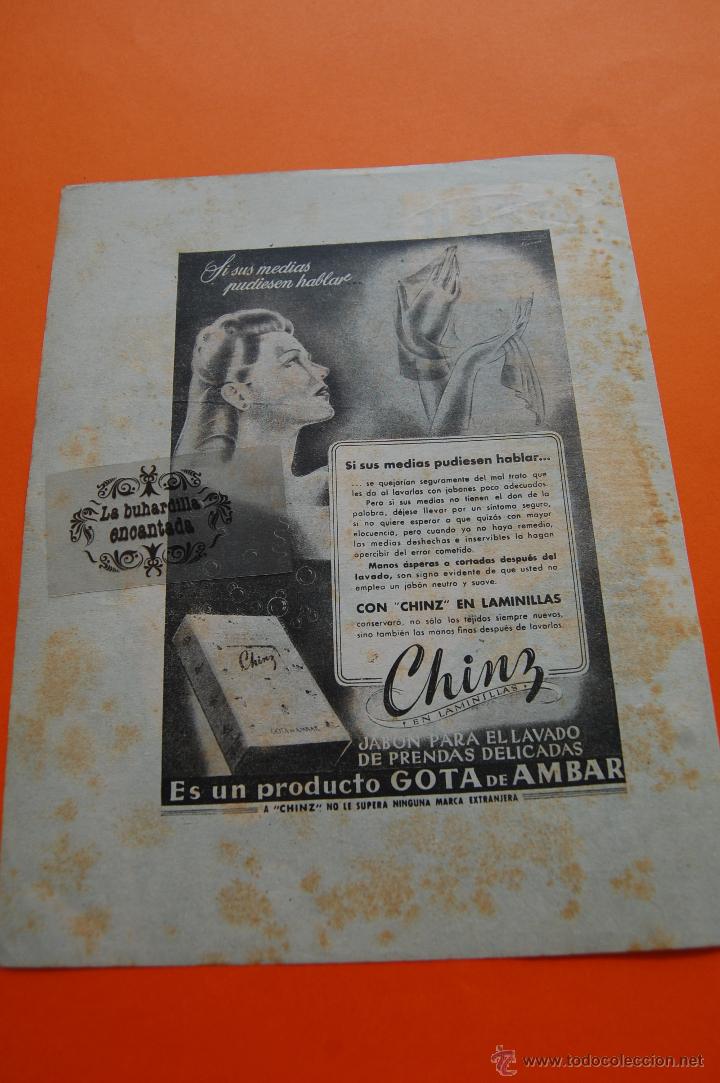 Coleccionismo de carteles: PUBLICIDAD ORIGINAL - A&Ntilde;O 1948 - JABON PARA PRENDAS DELICADAS CHINZ GOTA DE AMBAR