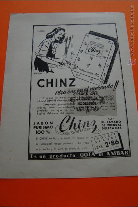 Coleccionismo de carteles: PUBLICIDAD ORIGINAL - A&Ntilde;O 1948 - JABON PARA PRENDAS DELICADAS CHINZ GOTA DE AMBAR