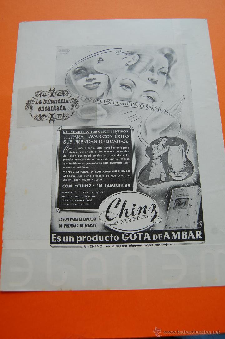 Coleccionismo de carteles: PUBLICIDAD ORIGINAL - A&Ntilde;O 1948 - JABON PARA PRENDAS DELICADAS CHINZ GOTA DE AMBAR