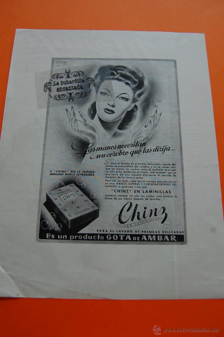 Coleccionismo de carteles: PUBLICIDAD ORIGINAL - A&Ntilde;O 1947 - JABON PARA PRENDAS DELICADAS CHINZ GOTA DE AMBAR